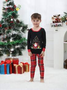 Set de 2 piezas de pijamas navideños ajustados a juego para niños preadolescentes - Parte superior e inferior de manga larga con estampado de Papá Noel y cuadros, conjunto de ropa de descanso cómoda para días festivos - Negro - Ver 2