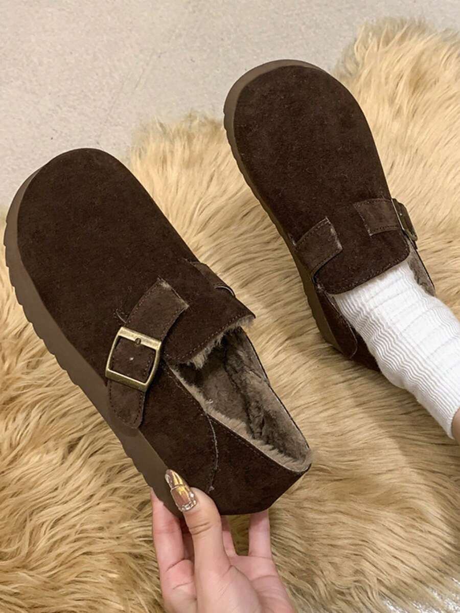 Giày lười đế dày vải nhung mới về năm 2024 dành cho nữ, giày lười lông tổng hợp, mùa thu/đông - màu nâu - Xem 1
