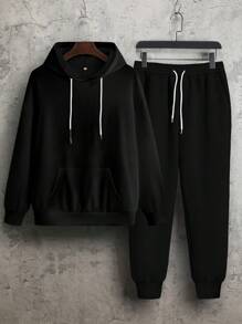 Men's 2 Pieces Set, Men's Black Long Sleeve Hoodie Sweatshirt And Sweatpants Tracksuit, Casual Street Fashion Outfit With Graphic Print, Pocket And Drawstring Design, Suitable For Outdoor Sports - Black - View 4