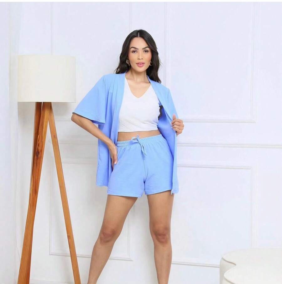 2 Piece Kimono Shorts Set Spring Summer Elegance 2024 - 淺藍色 - 查看 1