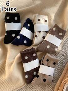 6 Pairs Women Polka Dot Pattern Mid-Calf Socks In Neutral Tones, Simple And Fashionable, Warm And Comfortable For Autumn/Winter Daily Wear - Multicolor - View 1