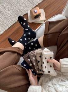 6 Pairs Women Polka Dot Pattern Mid-Calf Socks In Neutral Tones, Simple And Fashionable, Warm And Comfortable For Autumn/Winter Daily Wear - Multicolor - View 8