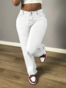 Chicsale Women's Straight Leg Denim Pants - Elegant Wide Leg Floor-Length Jeans With Button & Zipper, Relaxed Fit Casual Trousers For Everyday Outings - 白色 - 查看 5