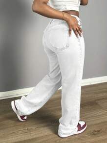 Chicsale Women's Straight Leg Denim Pants - Elegant Wide Leg Floor-Length Jeans With Button & Zipper, Relaxed Fit Casual Trousers For Everyday Outings - 白色 - 查看 4