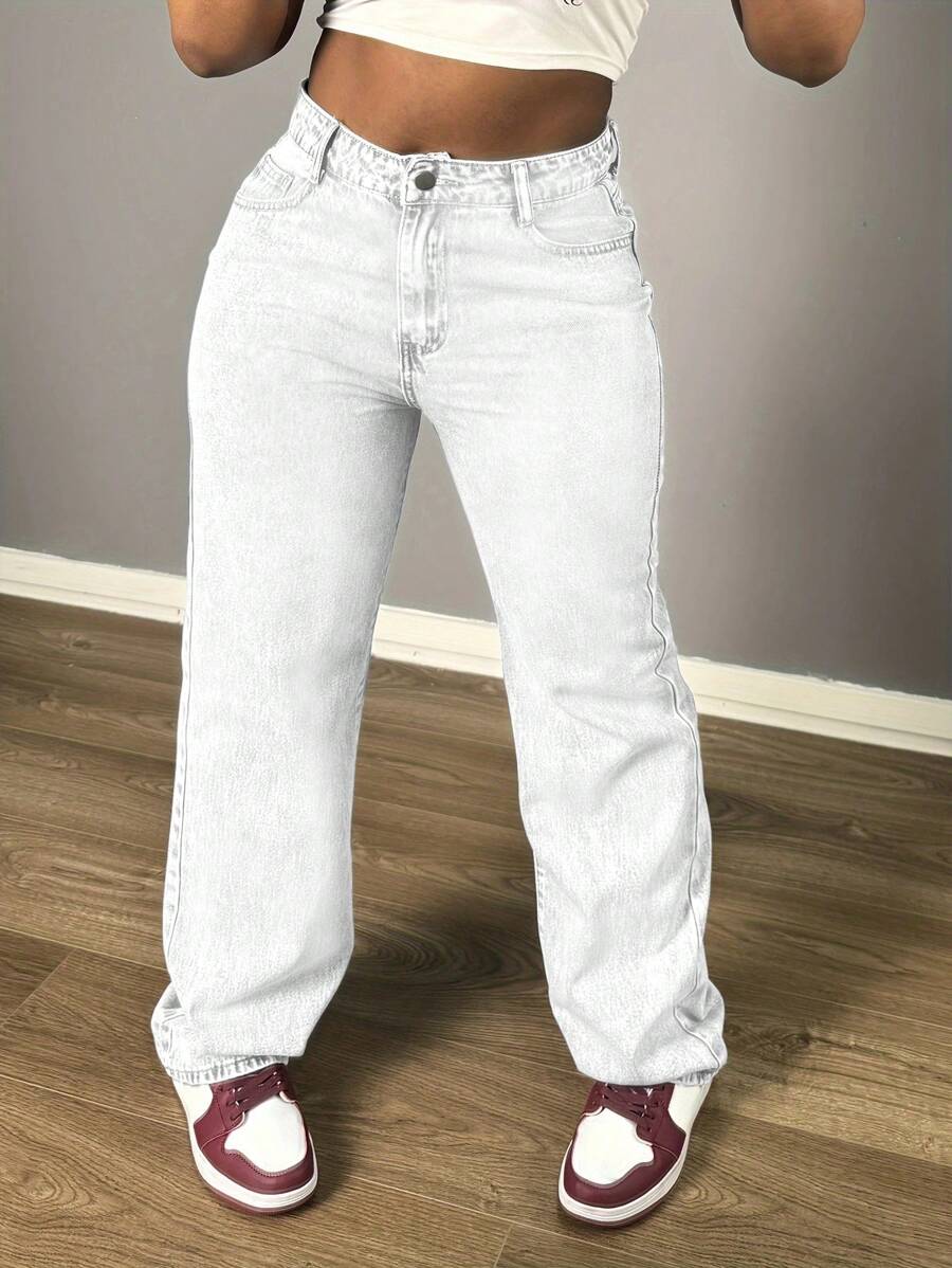 Chicsale Women's Straight Leg Denim Pants - Elegant Wide Leg Floor-Length Jeans With Button & Zipper, Relaxed Fit Casual Trousers For Everyday Outings - 白色 - 查看 1