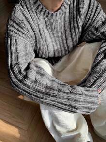 BAI YUE Men's Vintage Twisted Rope Crew Neck Pullover Sweater, Streetwear Style, Korean Fashion, Long Sleeve, Christmas, Christmas Sweater, New Year - Black and White - View 1