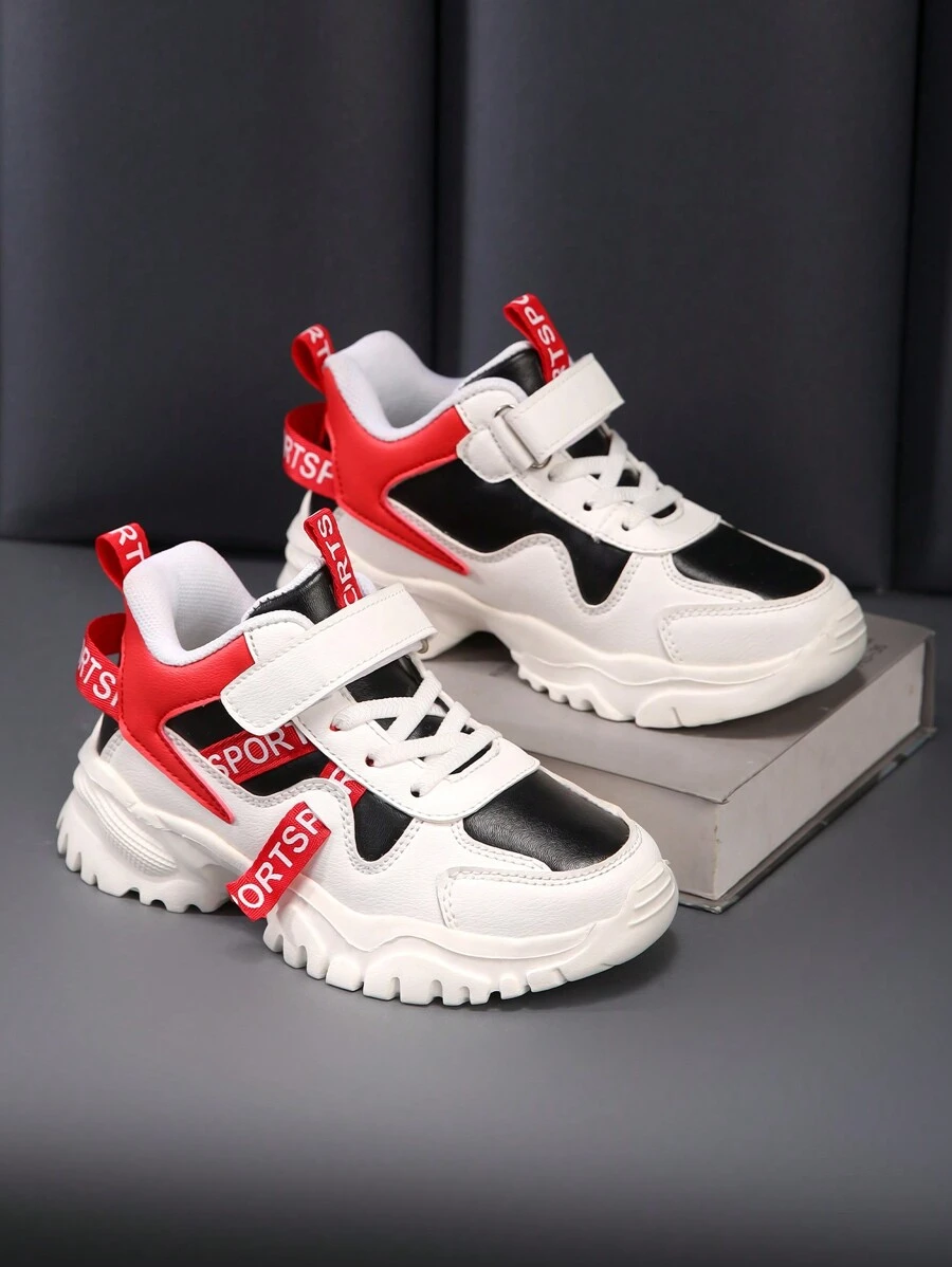 1 Pair Unisex Kids All Season Patchwork Casual Running Shoes, Shock Absorbing Lightweight Leather Sneakers, For Everyday Wear, School, Outdoor - Red - View 1