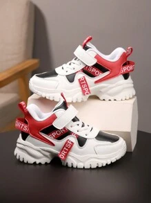 1 Pair Unisex Kids All Season Patchwork Casual Running Shoes, Shock Absorbing Lightweight Leather Sneakers, For Everyday Wear, School, Outdoor - Red - View 6