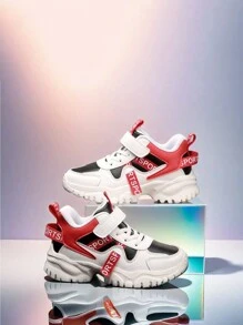 1 Pair Unisex Kids All Season Patchwork Casual Running Shoes, Shock Absorbing Lightweight Leather Sneakers, For Everyday Wear, School, Outdoor - Red - View 10