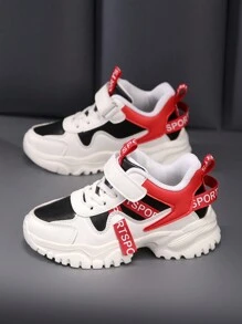 1 Pair Unisex Kids All Season Patchwork Casual Running Shoes, Shock Absorbing Lightweight Leather Sneakers, For Everyday Wear, School, Outdoor - Red - View 2