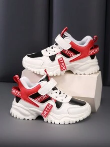 1 Pair Unisex Kids All Season Patchwork Casual Running Shoes, Shock Absorbing Lightweight Leather Sneakers, For Everyday Wear, School, Outdoor - Red - View 3