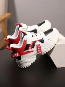 1 Pair Unisex Kids All Season Patchwork Casual Running Shoes, Shock Absorbing Lightweight Leather Sneakers, For Everyday Wear, School, Outdoor - Red - View 7