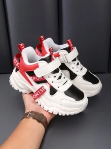 1 Pair Unisex Kids All Season Patchwork Casual Running Shoes, Shock Absorbing Lightweight Leather Sneakers, For Everyday Wear, School, Outdoor - Red - View 4