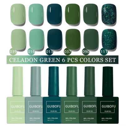 Set di 6 smalti gel verde celadon da 15ml, serie di 120 colori, finitura brillante autunnale, smalto semipermanente con glitter e paillettes, smalto UV per manicure e arte di unghie, colore solido, ideale per San Patrizio