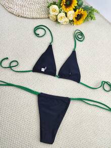 New Solid Color Sexy Supportive Bikini Swimwear With Adjustable Tie Swimming Trunks, 2 Pieces Beachwear Set For Women, European Style, For Summer Vacation - Black + Green Strap - View 5