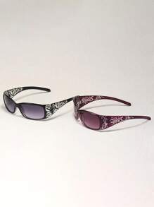 2pcs Y2K Floral Embossed Mini Square Fashion Eyeglasses, Suitable For Daily Wear & Parties For Summer Beach Vacation,Outdoor,Travel - 2-pack (black + Red) - View 2