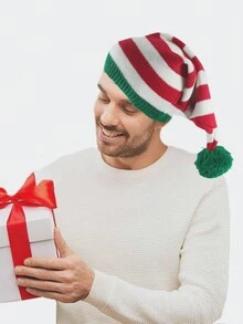 1 件圣诞针织帽，红绿条纹绒球长流苏款式，情侣设计圣诞老人帽子，新款巫师帽冬季圣诞帽男士无檐滑雪帽 - 彩色 - 查看 2