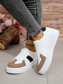 Giày thể thao nữ đế dày cổ điển nâng cao, mũi tròn buộc dây, thu đông 2024 mới màu trắng - trắng - Xem 5