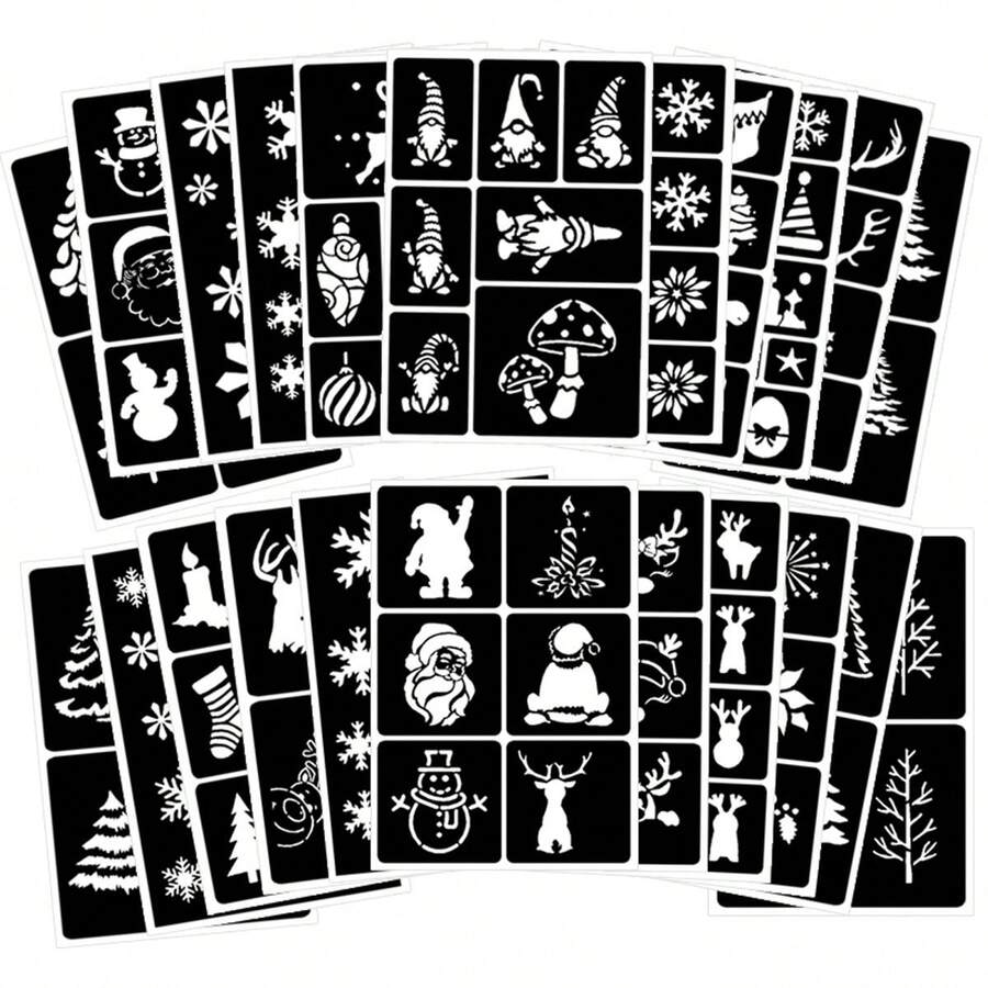 Bộ 11 khuôn xăm tạm thời theo chủ đề Giáng sinh, phun nhũ, hình xăm giả sáng tạo tự làm cho Halloween, đêm Giáng sinh, ngày lễ, tiệc trang điểm sân khấu, nghệ thuật trên cơ thể và khuôn mặt - Đen và trắng - Xem 1