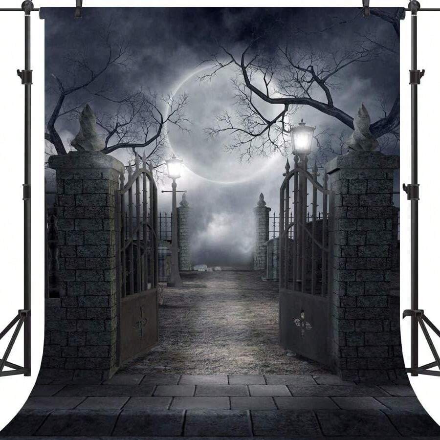 6 * 9 Ft Moon Night Halloween Cemetery Photography Background Cemetery Dark Forest Photography Background Cloth Halloween Party Photography Decoration Background - 黑色 - 查看 1