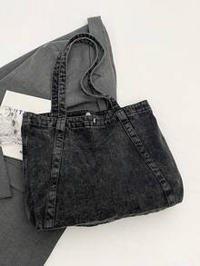 Túi Tote Denim Màu Tương Phản Cổ Điển Cho Nữ, Túi Đeo Hông Du Lịch Ngoài Trời Dung Tích Lớn Thời Trang, Túi Đeo Vai Đi Làm Hàng Ngày Thường Ngày Mới Cho Công Việc Văn Phòng, Túi Xách Tay Đi Mua Sắm Đường Phố Nhẹ Đa Năng - màu đen - Xem 4