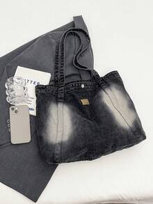 Túi Tote Denim Màu Tương Phản Cổ Điển Cho Nữ, Túi Đeo Hông Du Lịch Ngoài Trời Dung Tích Lớn Thời Trang, Túi Đeo Vai Đi Làm Hàng Ngày Thường Ngày Mới Cho Công Việc Văn Phòng, Túi Xách Tay Đi Mua Sắm Đường Phố Nhẹ Đa Năng - màu đen - Xem 5