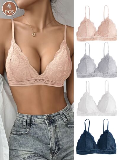 4PCS Wireless Lace Bikini Scalloped Bra Underwear Lingerie