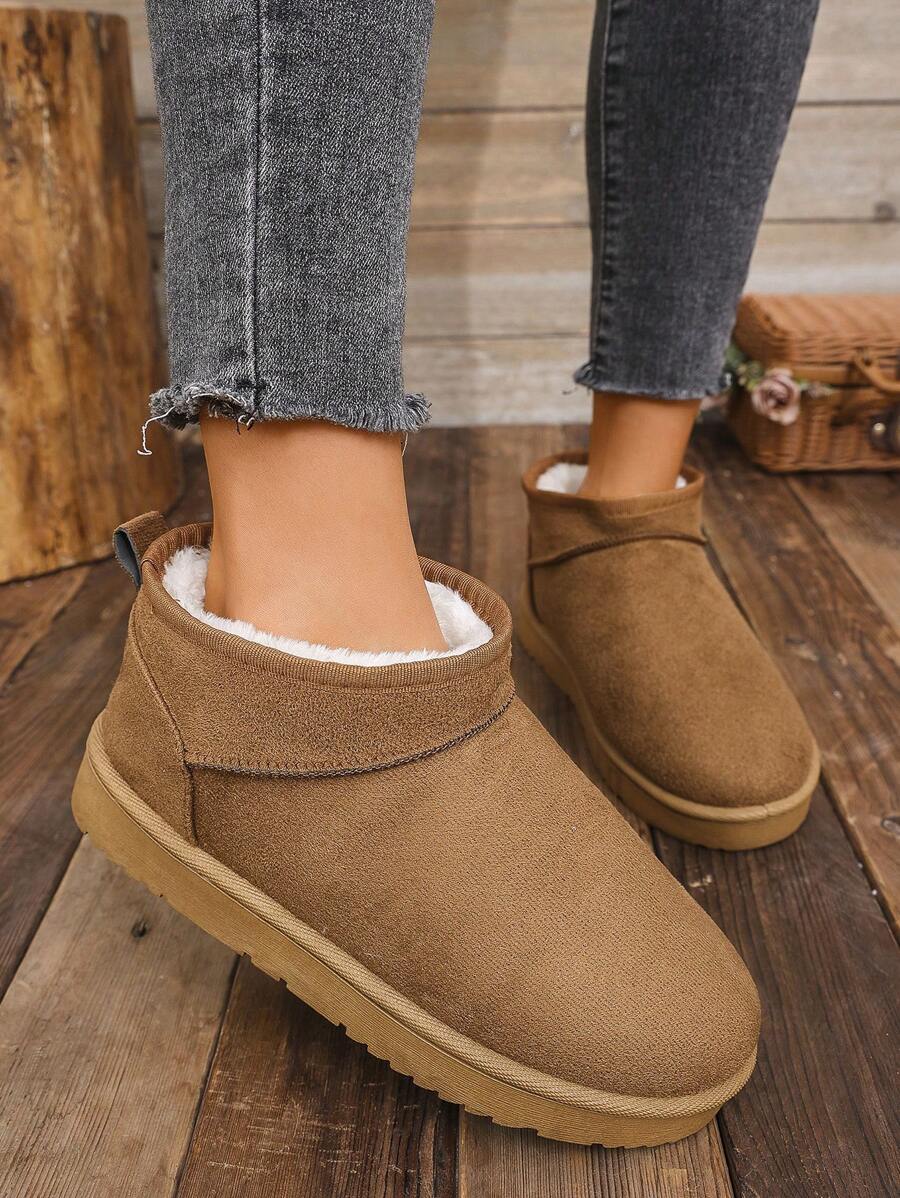 Women's Plus Size Snow Boots, Round Toe Flat Plush Insulated Anti-Slip Warm Shoes, Plain Color Comfortable Thick Sole Slip-On Casual Ankle Boots For Winter - Camel - View 1