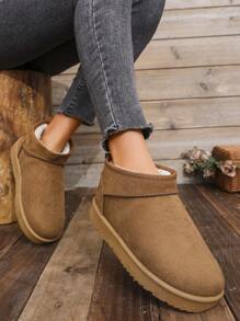 Women's Plus Size Snow Boots, Round Toe Flat Plush Insulated Anti-Slip Warm Shoes, Plain Color Comfortable Thick Sole Slip-On Casual Ankle Boots For Winter - Camel - View 2