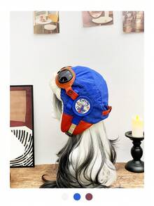 1 件飞行员帽，拼接设计，带可拆卸护目镜、护耳罩、保暖内衬、防风，适合滑雪、冬季骑行等户外运动 - 彩色 - 查看 6