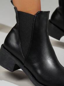 全新时尚女式切尔西靴黑色圆头一脚蹬舒适低跟休闲踝靴潮流百搭女士鞋 - 黑色 - 查看 6