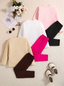 Conjunto de 3 piezas de ropa informal para niñas, que combina todo: Blusa de manga larga con estampado de personaje de dibujos animados y letras en inglés + Pantalón jogger de cintura elástica de unicolor, ropa cómoda y versátil para niñas en primavera y otoño
