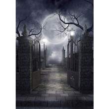 6 * 9 Ft Moon Night Halloween Cemetery Photography Background Cemetery Dark Forest Photography Background Cloth Halloween Party Photography Decoration Background - 黑色 - 查看 4