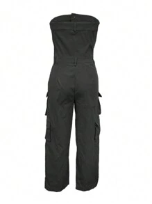 Chicsale Solid Color Casual Overalls Jumpsuit, Sexy Straight Tube Tube Top Long Jumpsuit, With Pockets, Women's Wear - 黑色 - 查看 5