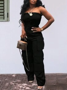 Chicsale Solid Color Casual Overalls Jumpsuit, Sexy Straight Tube Tube Top Long Jumpsuit, With Pockets, Women's Wear - 黑色 - 查看 2