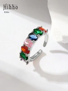 Hihho 1 Chiếc nhẫn đính đá Zirconia nhiều màu sắc có thể điều chỉnh, nhiều kiểu dáng cho phụ kiện đeo hàng ngày thanh lịch dành cho phụ nữ - Bạc - Xem 16