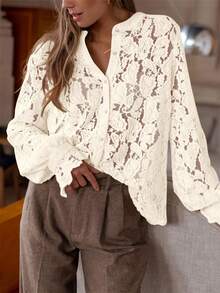 Women's Elegant Casual Lace Long Sleeve Blouse Top, Fashionable Autumn Apparel - Apricot - View 3