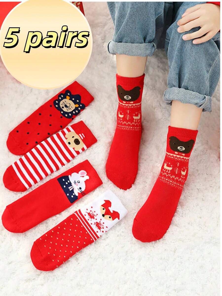5 đôi tất Giáng sinh lót nhung dày cho trẻ em, họa tiết hoạt hình ngày lễ, tất mùa đông giữ ấm cho bé trai và bé gái - Xem 1