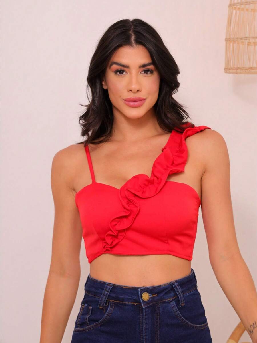 Women's Tailored Cropped Top With Padding -D-5 - 紅色 - 查看 1