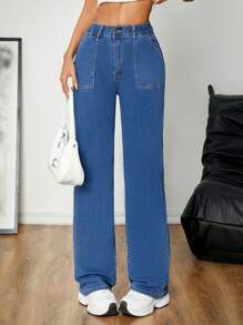 Teen Girls Wide Leg Elastic Waist Straight Jeans - Medium Wash - View 1