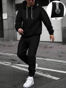 Men's 2 Pieces Set, Men's Black Long Sleeve Hoodie Sweatshirt And Sweatpants Tracksuit, Casual Street Fashion Outfit With Graphic Print, Pocket And Drawstring Design, Suitable For Outdoor Sports - Black - View 1