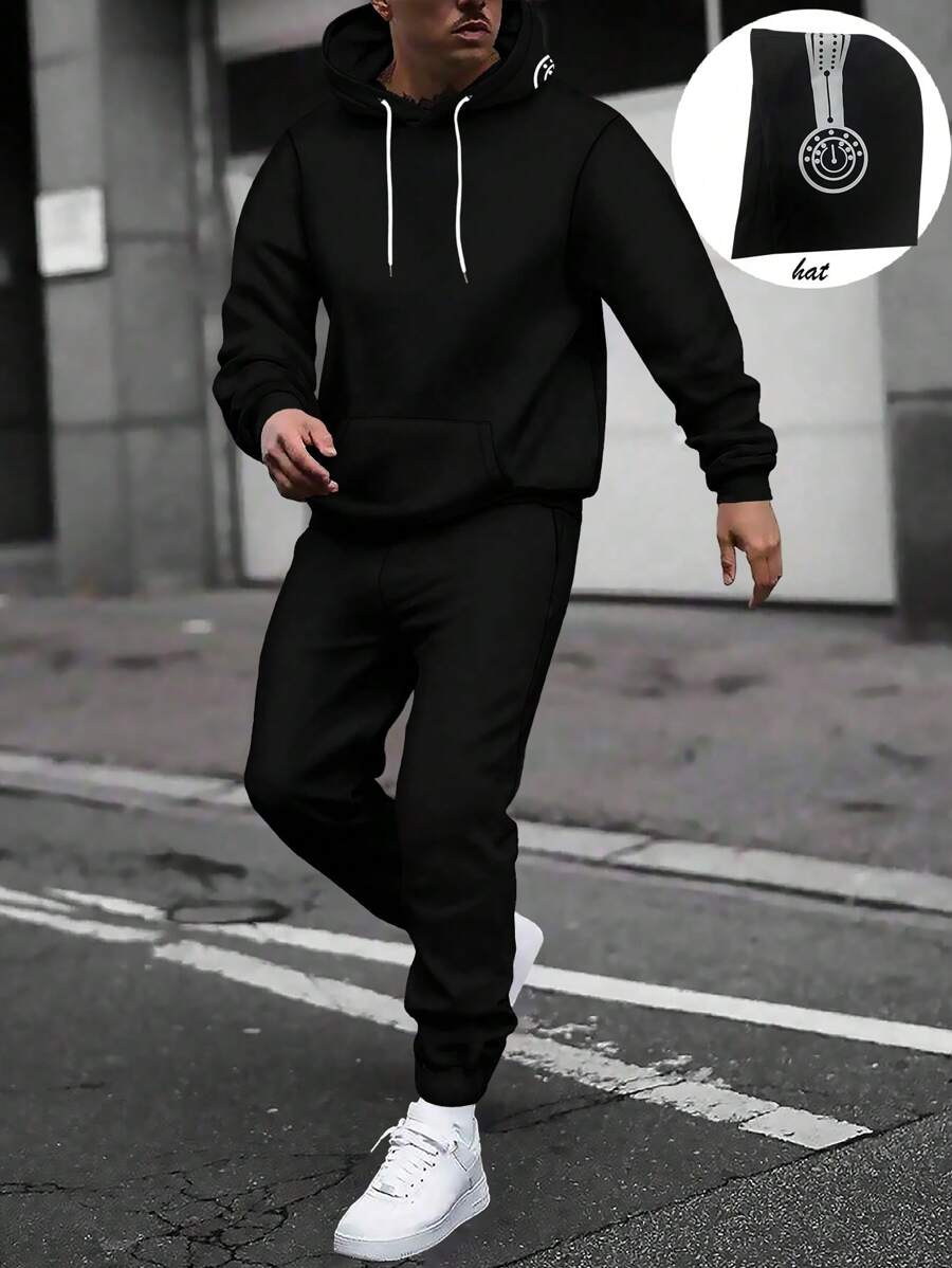 Men's 2 Pieces Set, Men's Black Long Sleeve Hoodie Sweatshirt And Sweatpants Tracksuit, Casual Street Fashion Outfit With Graphic Print, Pocket And Drawstring Design, Suitable For Outdoor Sports - Black - View 1