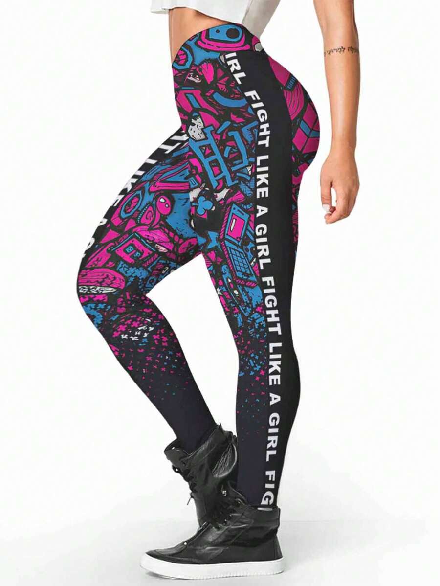 Printed Leggings Abstract Design Style Fight Like A Girl Kpop Gym Fitness Training Exercises - 豐富多彩的 - 查看 1