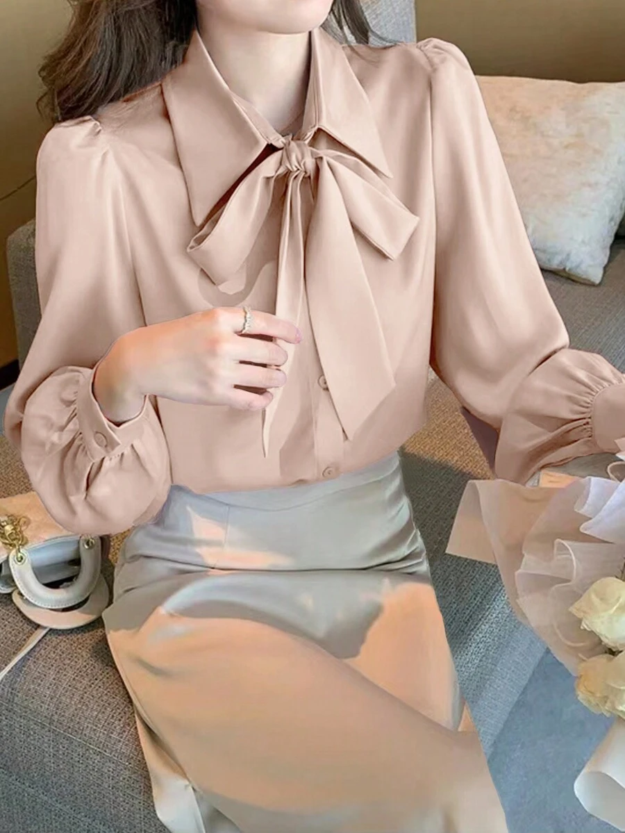 女士纯色系带领休闲长袖衬衫,秋季粉色 - 粉色 - 查看 1