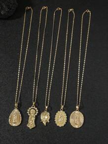 Set de 5 collares con colgantes de Cristo y Virgen María en un surtido de elementos metálicos minimalistas y de estilo hip-hop, adecuados para el atuendo diario y como regalos para fiestas - Amarillo Oro - Ver 3