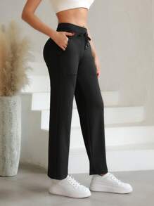 1pc Women Wide Leg Yoga Pants, High Waisted Stretchy Leggings With Pockets, Comfortable Casual Pants For Petite To Tall, Extremely Cozy & Fashionable, Suitable For Daily Wear And Workout - 黑色 - 查看 6