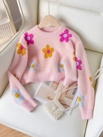 Tween Girls 可爱花朵图案套头毛衣，短款长度适合休闲、度假、春季、秋季、冬季