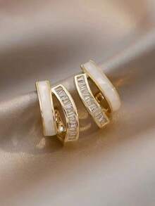 1 Cặp Hoa tai thả tròn đôi bằng đồng Micro-Pave Zirconia phong cách Châu Âu & Mỹ thời trang sang trọng hợp thời trang dành cho nữ - Vàng - Xem 6