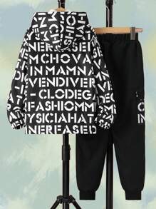 2pcs/Set Tween Boy Casual Fashionable Letter Print Fleeced Long Sleeve Jacket & Cargo Pants Outfit, Autumn/Winter - Black - View 2