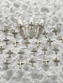 10 件套合金 3D 金色闪亮水钻十字设计奢华美甲装饰品 - 金色 - 查看 4